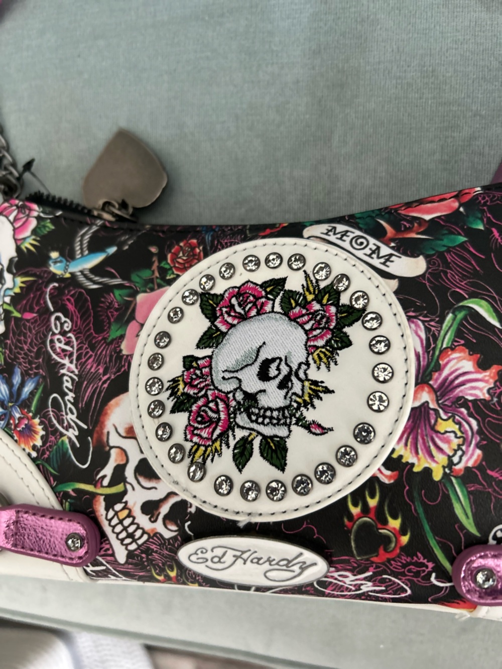 Ed Hardy Black Small Skull Shoulder Bag with White Studded Patch Price is FIRM